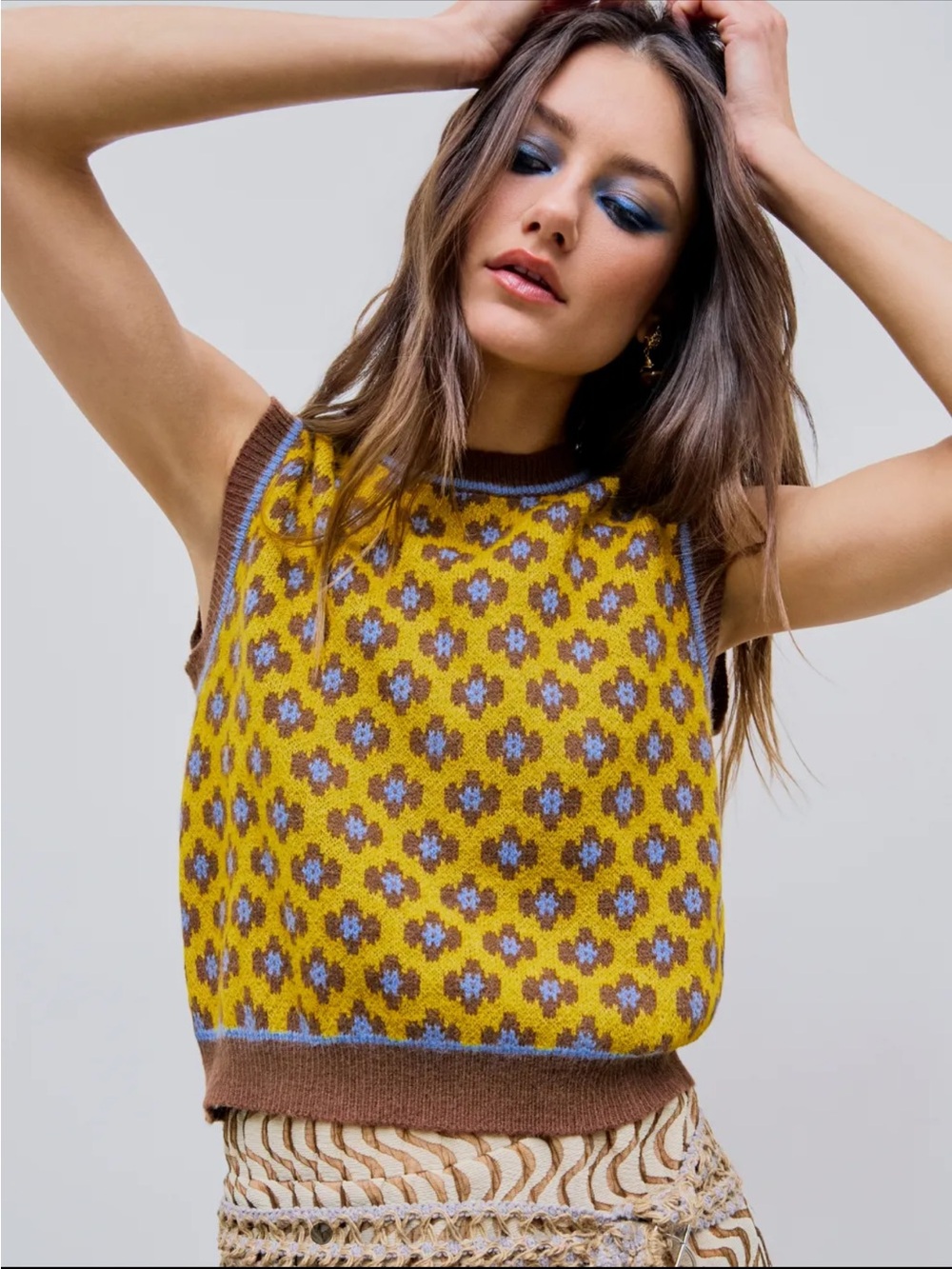 Cider Yellow Floral Knit Sweater Vest with Brown Trim